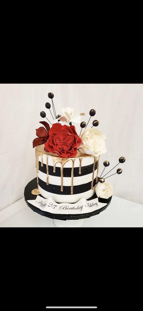 21st Birthday Cake Black And White, 39 Birthday Cake For Women, 39th Birthday Ideas For Women Cake, Black And White Birthday Cake For Women, Red Black White Cake, 39th Birthday Cake, 25th Cake, 30th Birthday Cake For Women, Black And Gold Birthday Cake