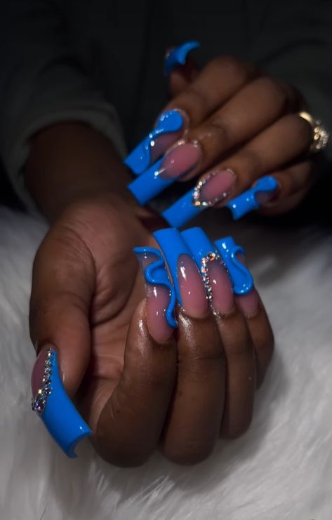 Short Nails Extra, Extra Baddie Nails, Baddie Nail Ideas, Crazy Acrylic Nails, Curved Nails, Acrylic Toe Nails, Blue Acrylic Nails, Nails Design With Rhinestones, Long Nail