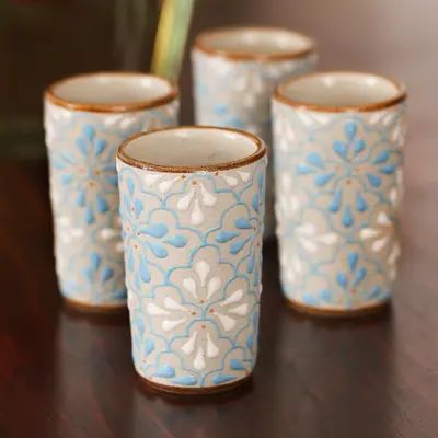 Blue and White Floral Motif Ceramic Tequila Cups (Set of 4) - Sky Dance | NOVICA Modern Mexican Decor, Mexican Style Decor, Modern Mexican Home, Mexican Inspired Wedding, Mexican Themed Weddings, Mexican Kitchens, Mexican Ceramics, Mexican Home Decor, Modern Mexican