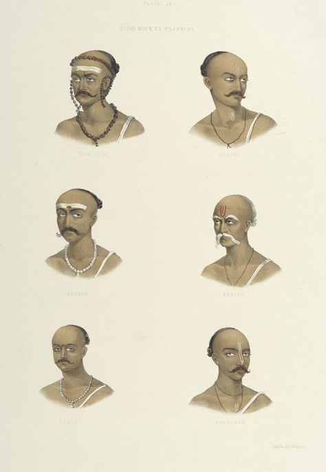 Signs worn by Brahmins: Mahadeva, Soorya [Surya], Devee [Devi], Vishnoo [Vishnu], Gunesh [Gane´sa], Hunooman [Hanuman].      Day & Son (Lithographer).      Belnos, S. C., Mrs. (Artist).      Sundhya or the Daily Prayers of the Brahmins. Illustrated in a series of original drawings from nature, demonstrating their attitudes and different signs and figures performed by them during the Ceremonies of their Morning Devotions, Poojas, etc. 1851, London Drawn People, Sophie Charlotte, Hindu India, Ravi Varma, Ancient History Facts, Free Illustration Images, India Culture, Hinduism Art, Indian Painting