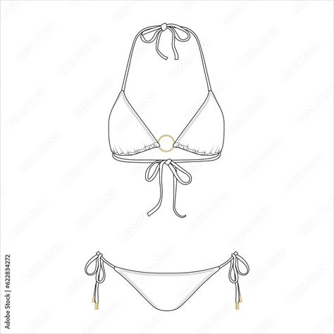 Triangle Bikini front view fashion flat sketch for Tech Pack. Tie Back Fastening, Golden Ring Trim, CAD drawing, black and white, vector graphics for garment production apparel brand, swimwear women Stock Vector | Adobe Stock Fashion Flat Sketch, Drawing Black And White, Black And White Vector, Flat Sketches, Drawing Black, Tech Pack, Swimwear Women, Apparel Brand, Golden Ring