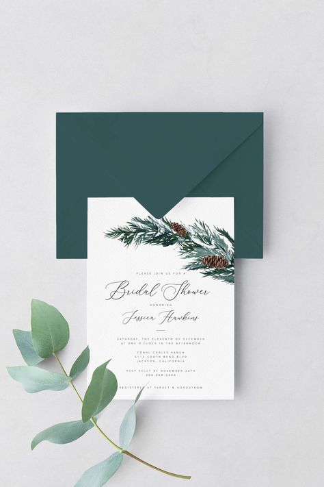 "The perfect winter bridal shower invitation for your December bridal shower! This gorgeous invite is inspired by pine trees, snowy weather and all things Christmas! Blow your guests away with this elegant bridal shower invitation template!  FREE DEMO * Try it before you buy it! * Copy and paste this url into your web browser (desktop only, mobile not supported) https://templett.com/design/demo/biancaruby/10035263 WHAT YOU GET - 5\"x7\" Winter Bridal Shower Invitation template HOW IT WORKS 1. Ad December Bridal Shower Ideas, Winter Bridal Shower Invitations, Boho Wedding Invitation Template, Christmas Bridal Showers, Winter Bridal Showers, Elegant Bridal Shower, Bridal Shower Invitations Templates, Invitation Baby Shower, Couple Shower