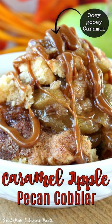 Caramel Apple Pecan Cobbler - This Caramel Apple Pecan Cobbler is loaded with juicy, tender, tart apples, chopped pecans and delicious caramel, topped with a delicious cobbler topping and then caramel drizzled over the top for an incredibly delicious, family favorite, homemade dessert that tastes like heaven. Apple Pecan Cobbler, Cobbler Recipes Easy, Apple Cobbler Recipe, Pecan Cobbler, Cobbler Topping, Apple Recipes Easy, Fruit Cobbler, Apple Dessert Recipes, Pecan Recipes