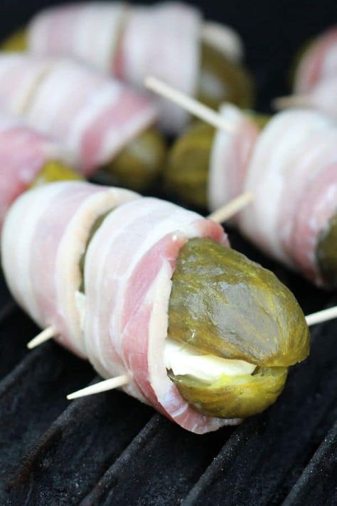 Bacon Wrapped Pickles Cream Cheeses, Pioneer Woman Bacon Wrapped Potatoes, Cream Cheese Stuffed Appetizers, Cream Cheese Stuffed Pickles, Bacon Wrapped Cream Cheese Pickles, Cheese Stuffed Pickles, Bacon Wrapped Dill Pickles, Stuffed Pickles Wrapped In Bacon, Pickle Poppers Bacon Wrapped