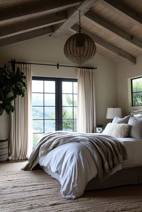 Modern Farmhouse Bedrooms, Modern Farmhouse Bedroom Ideas, Vaulted Ceiling Bedroom, Vaulted Ceiling Ideas, Cathedral Ceilings, Modern Farmhouse Bedroom, Gallery Ideas, Bedroom Ceiling, High Ceilings