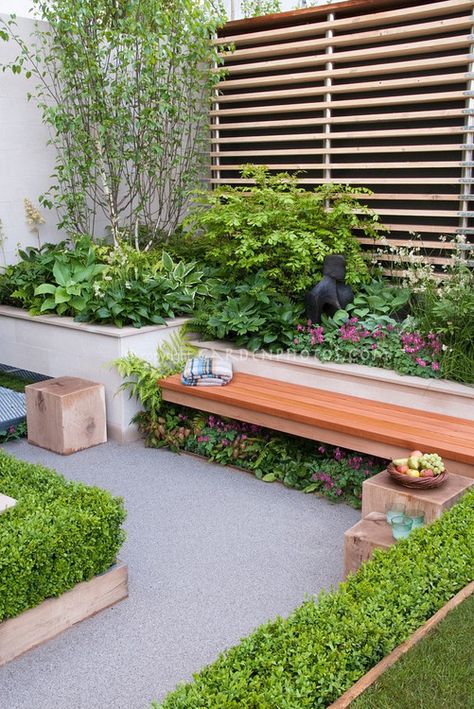 Small Patio Garden, Small Backyard Gardens, Flower Stock, Backyard Garden Design, Raised Bed, Plant Flower, Garden Seating, Wooden Bench, Roof Garden