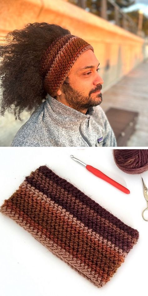 a man wearing a crochet headband in brown Crochet Headband For Men, Crochet Stuff For Men, Crochet Items For Men, Things To Crochet For Men, Crochet For Him, Crochet Ideas For Men, Crochet Gifts For Men, Crochet Projects For Men, Earwarmer Crochet Pattern