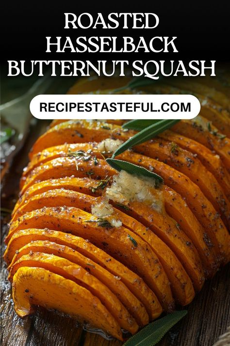 A delicious and visually stunning dish, this roasted Hasselback butternut squash is infused with fragrant sage butter, garlic, and Parmesan cheese, making it a perfect side dish for any autumn meal. Butter Squash Recipe, Hasselback Butternut Squash, Roasted Squash Recipes, Butternut Squash Side Dish, Butternut Squash Sage, Butternut Squash Recipes Roasted, Autumn Side Dishes, Acorn Squash Recipes, Sage Butter