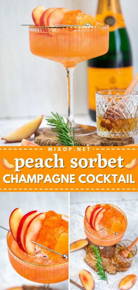 This champagne cocktail is perfect for celebrating with friends! Paired with peach sorbet, this bubbly martini cocktail is refreshing and delicious. Plus, this alcoholic drink is so easy to make! Enjoy! Sorbet Cocktail, Sorbet Champagne, Drink Essentials, Classy Drinks, Bubbly Cocktails, Easy Party Drinks, Popular Cocktail Recipes, Champagne Recipe, Fruity Alcohol Drinks