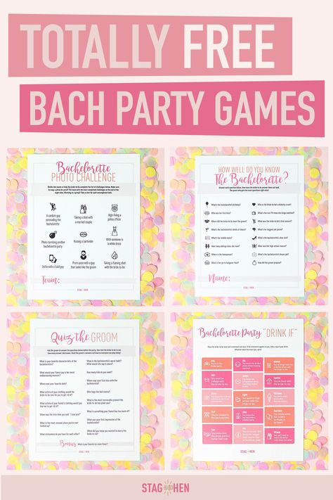 Looking for some affordable bachelorette party games and activities for your bestie's final fling? Look no further! We offer fun and free bachelorette party games like Bachelorette Party Scavenger Hunts, Bachelorette Party Photo Challenges, Bachelorette Party Bride Triva and more! Simply download your favorite and print out at home. And YEP - they really are free!  Stag  Hen also offers over 200 cute and classy bachelorette party supplies for an unforgettable weekend. Bachelorette Party Quiz For Bride, Bachelor Party Games For Bride, Bachelorette Printables Free, Bridesmaid Party Games, Bach Party Planning Checklist, Ice Breaker Games For Bachelorette Party, Bachlorette Party Scavenger Hunt Funny, Bachelorette Party Diy Games, Bachelorette Taboo Game