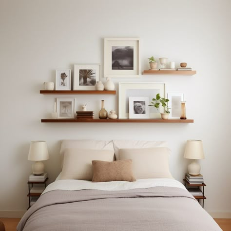 Picture_Wall_Floating_S 3 Floating Shelves Above Bed, Shelving Above Bed, Contemporary Minimalist Bedroom, Shelf Over Bed, Minimalist Bedroom Decor Ideas, Above Bed Ideas, Picture Wall Ideas, Minimalist Shelf, Shelf Above Bed