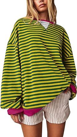 FACDIBY Women's Oversized Sweatshirt Striped Sweatshirts Color Block Pullover Relaxed Fit Crew Neck Long Sleeve Tops Striped Tops For Women Outfit, Striped Relaxed Fit Sweatshirt For Streetwear, Winter Striped Relaxed Fit Sweatshirt, Striped Oversized Cotton Sweatshirt, Striped Oversized Crew Neck Top, Oversized Striped Color Block Sweater, Striped Sweatshirts, Long Sleeve Striped Top, Oversized Sweatshirt