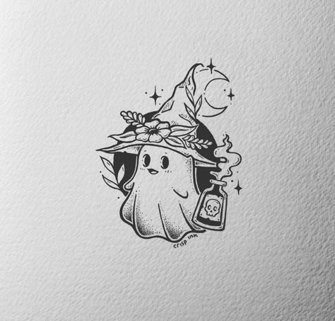 Fall Witch Tattoo, Halloween Friendship Tattoos, Cottagecore Ghost Tattoo, Cute Mini Halloween Tattoos, Halloween Tattoo Witch, Harry Potter Ghost Tattoo, Witchy Ghost Tattoo, Ghost Witch Tattoo, Witch Ghost Tattoo