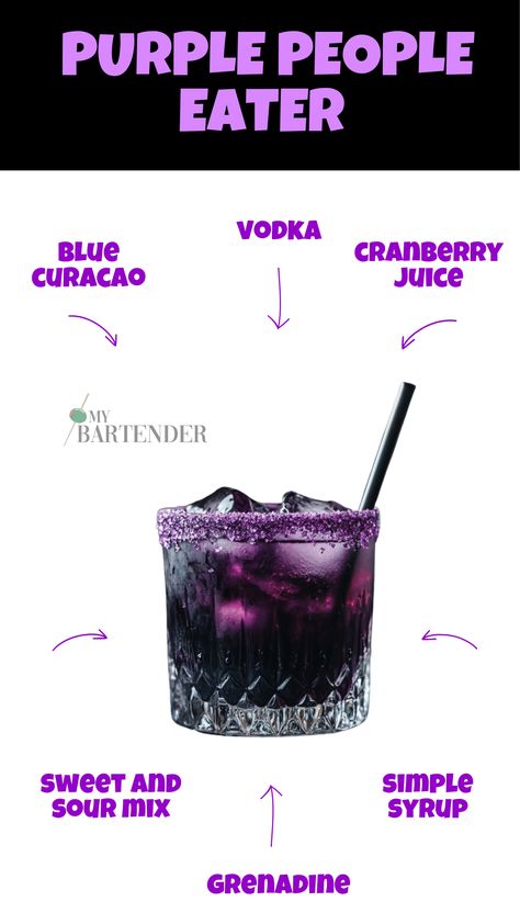 Purple People Eater Purple Batch Cocktail, Purple Drink Ideas, Purple Shots Alcohol, Purple Cocktails Recipes, Purple Mocktail Recipe, Purple Party Drinks, Purple Cocktail Drinks, Purple Food Board, Gothic Cocktails