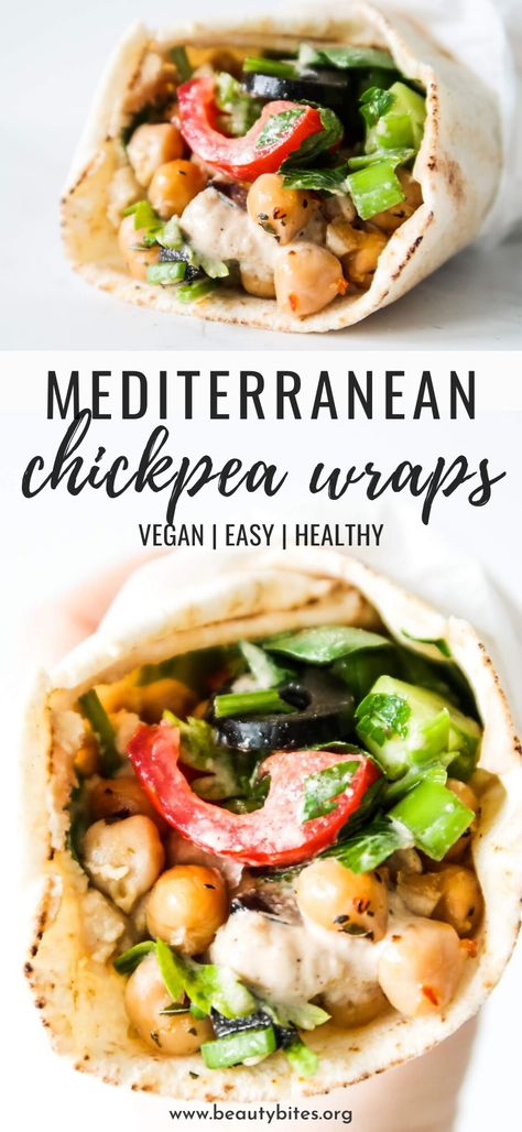 Mediterranean Chickpea Wraps (Meal Prep Option) - Beauty Bites Vegan Chickpea Recipes, Resep Sandwich, Mediterranean Chickpea, Beauty Bites, Easy Mediterranean Diet Recipes, Chickpea Recipes, Makanan Diet, Vegan Meal Prep, Mediterranean Diet Recipes