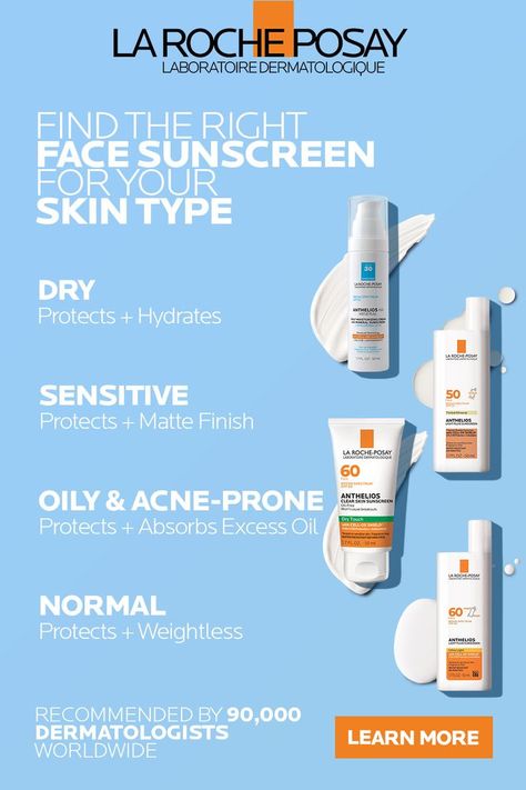 La Roche-Posay offers a unique line of dermatologist recommended sunscreens for all skin types, tones and ages. Our Anthelios sunscreens for sensitive skin contain the exclusive Cell-Ox Shield® technology: broad spectrum UVA/UVB protection plus antioxidants. Discover the best sunscreen for your skin needs including face, body, mineral, sunscreen for kids, and more. Best Sunblock For Face, Best Mineral Sunscreen, Best Sunscreen For Face, Dermatologist Recommended Sunscreen, La Roche Posay Sunscreen, Sunscreen For Face, Sunscreen For Sensitive Skin, Best Sunscreen, Basic Skin Care Routine