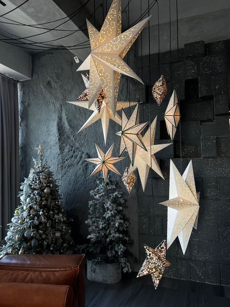 #newyear #christmas #december #decemberaesthetic #winter #snow Winter Stage Decorations, Christmas Decorations Ceiling, Storefront Christmas Displays, Anthropologie Christmas Display, Church Stage Decor, Scandinavian Christmas Decor, Ward Christmas Party, Window Decorating, Anthropologie Christmas