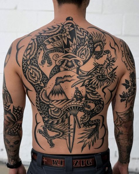 BRADLEY KINNEY Traditional Tattoo Back Piece, Chest And Back Tattoo, Traditional Back Tattoo, Polynesian Tattoos Women, Ouroboros Tattoo, Dragon Tattoo Back Piece, Back Piece Tattoo, Marquesan Tattoos, King Tattoos