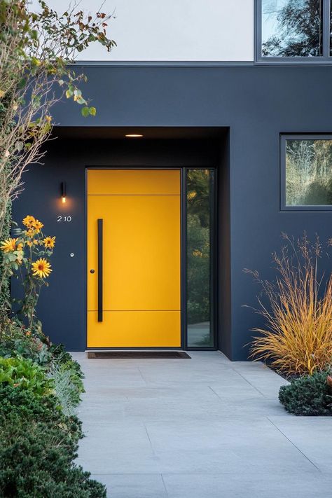 Black House With Colored Door, Houses With Yellow Doors, Yellow Doors On Houses, Blue House With Yellow Door, Yellow Exterior Door, Yellow Door Exterior, Modern House Front Yard, Mustard Yellow Front Door, Archi Aesthetic