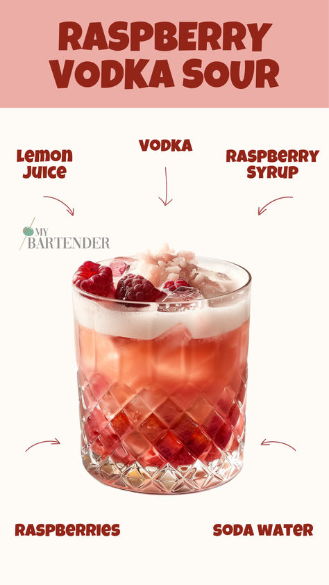 Raspberry  Vodka Sour Vodka Sour Recipe, Vodka Sour, Bartender Drinks Recipes, Vodka Cocktails Easy, Sour Drink, Cocktail Drinks Alcoholic, Raspberry Vodka, Yummy Alcoholic Drinks, Sour Cocktail