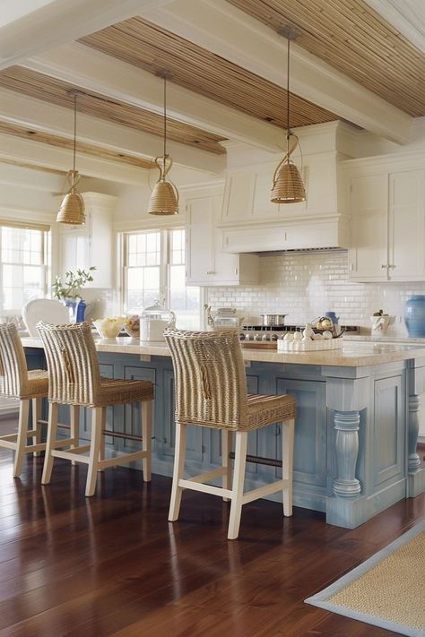 "Bring the beach to your home with Coastal Kitchen Designs! 🌊🍴 Embrace light, airy spaces with nautical colors, natural textures, and seaside-inspired decor. Incorporate white cabinets, driftwood accents, and ocean-themed accessories to create a fresh, breezy atmosphere. Transform your kitchen into a coastal retreat where every meal feels like a vacation. Discover the charm of coastal kitchens and make waves with your design! 🏡🌟 #CoastalKitchen #HomeDecor #BeachStyle" Ocean Inspired Kitchen, Coastal Kitchen Faucet, Coastal Kitchen With Dark Wood Cabinets, Driftwood Kitchen Cabinets Beach Houses, Kitchen Pendant Lights Nautical, Coastal Kitchens, Coastal Kitchen Design, Nautical Colors, Beach House Kitchens