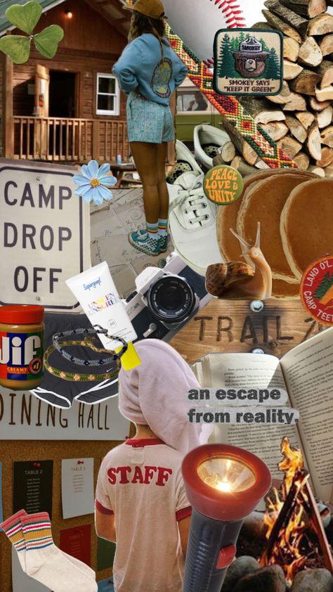 Summer Camp #summercamp #summer #camp #cabin #campking #hiking #granola #parenttrap #vintage #nature #vibes #wallpapaer #pinterestboard #theparenttrap #granolagirl #granolagirlaesthetic #summeraesthetic Summer Camp Cabin Themes, Summer Camp Accessories, Summer Camp Moodboard, 1980s Summer Camp Aesthetic, Summer Camp Aesthetic Cabin Interior, Camp Councilor Aesthetic, Music Camp Aesthetic, Summer Camp For Adults, 70s Summer Camp Aesthetic