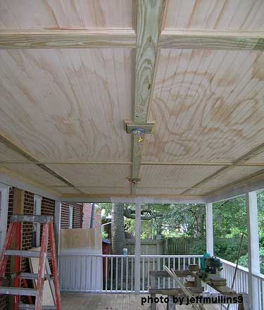 Bead board ceiling installed- just one of many suggestions for porch ceilings Beadboard Porch Ceiling, Vinyl Beadboard, Patio Ceiling Ideas, Plywood Ceiling, Board Ceiling, Porch Remodel, Porch Addition, Porch Ceiling, Building A Porch