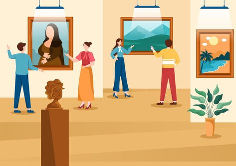 Museum Cartoon, Exhibition Illustration, Museum Illustration, Museum Drawing, Poster Moodboard, Culture Sculpture, Illustration Exhibition, Vector Illustration People, Gallery Illustration