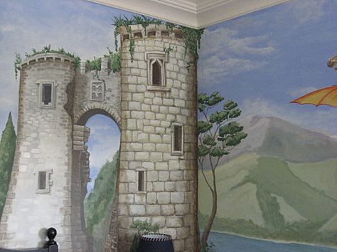 Castle Mural Painting Castle Walls, Class Mural, Dragon Mural, Dragon Room, Castle Mural, Play Therapy Room, Fairytale Bedroom, Sunday School Rooms, Castle Rooms