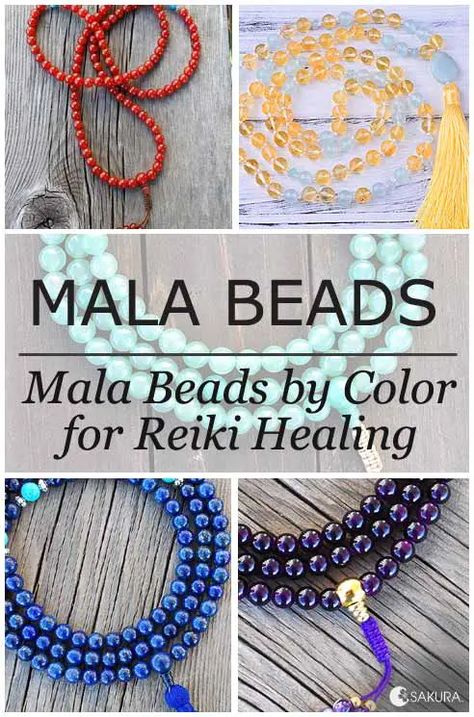 Mala Beads by Color for Reiki Healing Mala Beads Meaning, Crystal Education, Mala Necklace Diy, Beads Meaning, Mala Beads Diy, Jade Mala, Mala Making, Tibetan Mala, Rainbow Spectrum