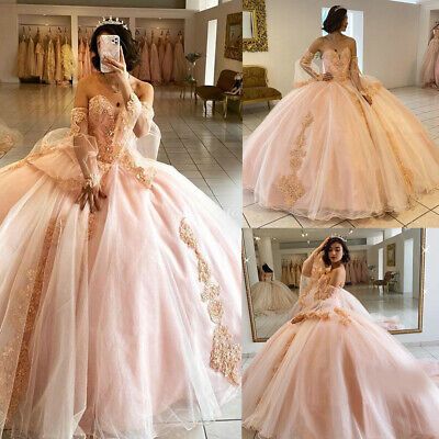 A: The wedding dress does not include any accessories such as gloves, wedding veil and the crinoline petticoat ( show on the pictures). Shoulder to Shoulder: __________cm. Outer Leg: __________cm (from waist to floor with your shoes on). Pink With Gold Quinceanera Dresses, Rose Gold Sweet 16 Dress, Pink And White Quinceanera Dresses, Pink Theme Quinceanera, Big Quinceanera Dresses, Pink And Gold Wedding Dress, Light Pink Quince Dresses, Pink And Gold Quinceanera Dress, Quinceanera Dresses With Sleeves