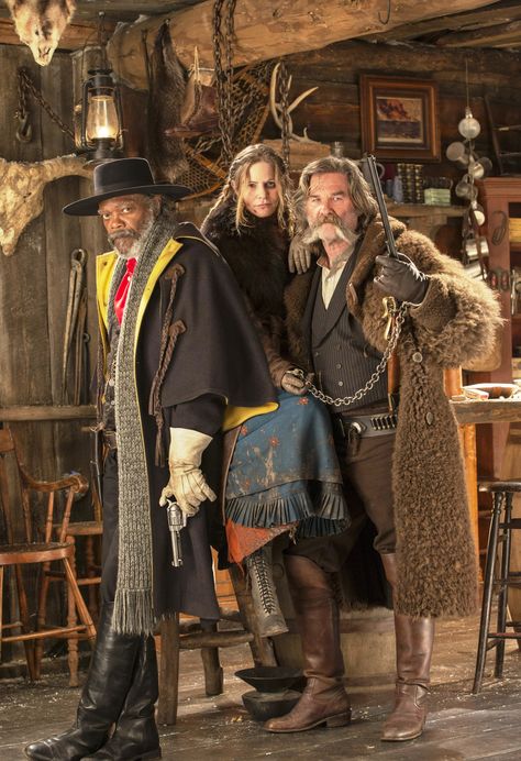 "The Hateful Eight" promo still, 2015.  L to R: Samuel L. Jackson, Jennifer Jason Leigh, Kurt Russell. Kurt Russell Hateful Eight, Western Spaghetti, Jennifer Jason Leigh, Quentin Tarantino Films, The Hateful Eight, Quentin Tarantino Movies, Tarantino Films, Kurt Russell, Samuel L Jackson