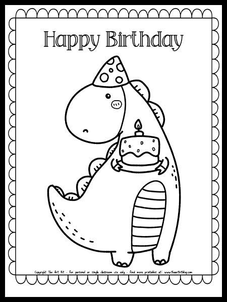 Happy Birthday Dinosaur FREE Printable Coloring Page - The Art Kit Free Printable Dinosaur Pictures, First Birthday Coloring Pages, Dinosaur Birthday Party Drawing, Free Birthday Coloring Pages, Dinosaur Coloring Pages Free Printable, Birthday Coloring Pages Free Printable, Birthday Card Coloring Printable, Colouring Birthday Card Printable, Birthday Coloring Sheets