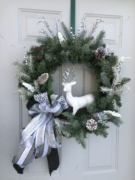 Grey Christmas Wreath, Silver And White Christmas Wreath, White And Silver Christmas Wreath, White And Silver Wreath, Grey Wreath, Xmas Lanterns, Christmas Floral Designs, Lace Stencil, Large Christmas Wreath