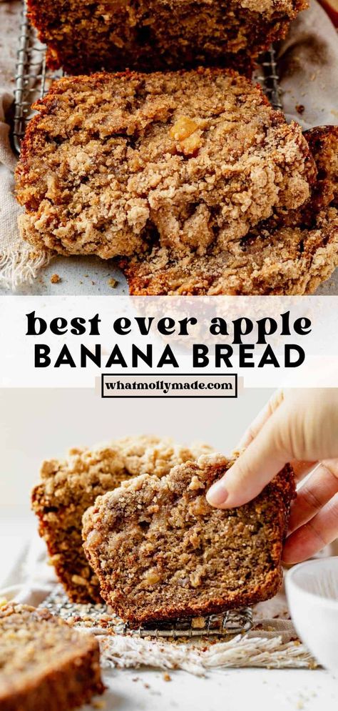 This apple banana bread is full of sweet bananas, diced apples, cinnamon, and a layer of streusel. It's extra moist, easy to make, and will become your new favorite banana bread recipe! Apple Banana Bread Healthy, Banana Bread With Apples, Banana And Cinnamon Bread, Apple Banana Cake Recipe, Banana Bread Streusel, Apple And Banana Muffins, Cinnamon Apple Banana Bread, Apple And Banana Bread, Apples And Bananas Recipes