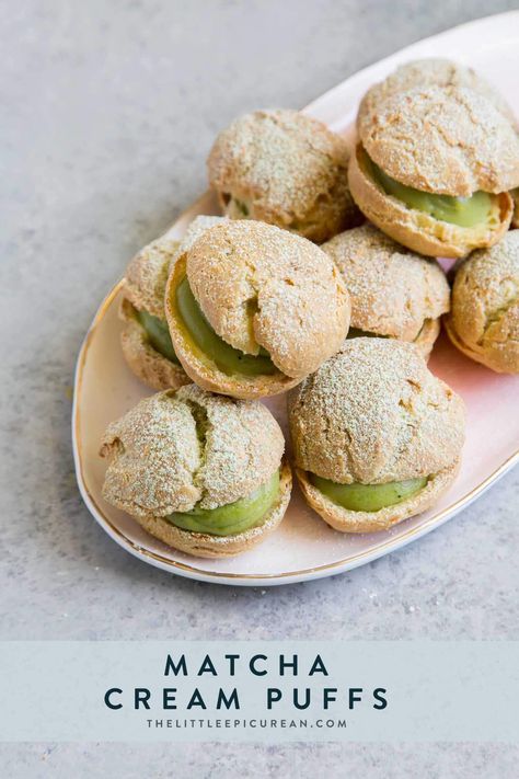 Matcha Cream Puff, Matcha Custard, Cream Puff Dessert, Matcha Dessert Recipes, Matcha Cream, Puff Dessert, Matcha Dessert, Cream Puff Recipe, Matcha Recipe