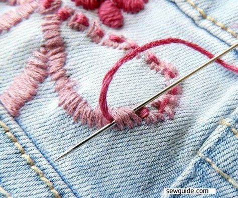 Diy Embroidered Jean Jacket, Embroidered Jeans Diy, Sewing Pattern Storage, Jean Quilts, Embroidery Jeans Diy, Jeans Embroidery, Denim Embroidery, Embroidery Lessons, Jeans Embroidered