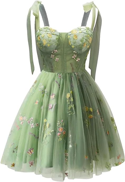 Gown Dress Design, Floral Homecoming Dresses, Formal Party Dresses, Homecoming Dresses For Teens, Short Green Dress, Embroidery Tulle, Green Homecoming Dresses, Floral Prom Dresses, Tulle Homecoming Dress