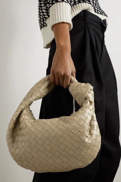 Beige Jodie Teen knotted intrecciato leather tote | BOTTEGA VENETA | NET-A-PORTER Bottega Veneta Bag Outfit, Bottega Jodie, Bottega Bag, Bottega Veneta Jodie, Bottega Veneta Bag, Bottega Veneta Bags, Woven Bag, Tote Bag Design, Net A Porter