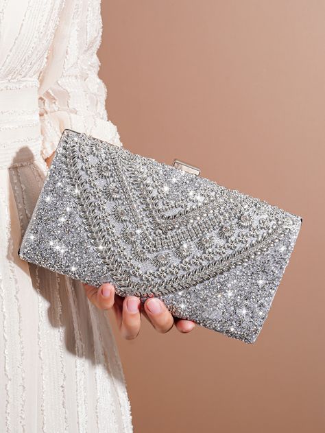 Silver Glamorous Collar  Plastic Plain Square Bag Embellished   Women Bags Crystal Clutch, Clutches For Women, Wedding Clutch, Shoulder Chain, Evening Clutch Bag, Silver Rhinestone, Evening Clutch, Square Bag, Sophisticated Style