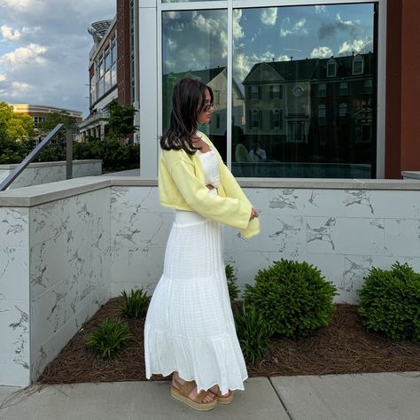 Five seconds before spilling sushi all over me at dinner 🙃❤️ • • • • White skirt, maxi skirt, tiered skirt, drop waist, summer dresses, yellow, yellow sweater, summer girl, Pinterest girl , summer outfit inspo, Charlotte blogger, mom blogger, fashion blogger, microinfluencer, streetstyle, minimal style, Pinterest fashion, summer outfits, summer skirts, summer shoes, shoes #summerstyle #whiteskirtoutfit #ootd #maxiskirt #whitedress #summerdresses #microinfluencerfashion #yellowsweater #summe... White Tiered Skirt Outfit, Tiered Skirt Outfit, White Tiered Skirt, White Skirt Outfits, Skirt Tiered, Style Pinterest, Dresses Yellow, Skirts Summer, Skirt Maxi