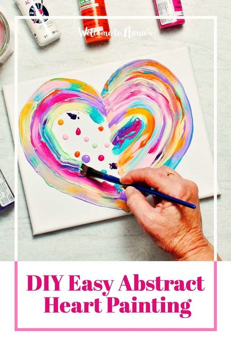 :sparkling_heart::art: Get some creativity going with this adorable & easy-to-make DIY Abstract Heart Painting! Kids of all ages (yes, adults too!) can create their own masterpiece, making it unique with their choices of color and decoration. This canvas painting idea is the perfect art project for a classroom learning about color. You can use it for a group or party, it makes a fun DIY gift or wall decoration for everyone to take home! Let's get painting! Painting Valentines Crafts Kids, Candy Heart Art Project, Valentine Paint Crafts For Kids, Kids Valentine Painting Canvas, Valentines Art Painting, Easy Valentines Canvas Painting, Valentines Day Canvas Painting Diy, Heart Artwork Creative, Valentines Art Projects For Kids