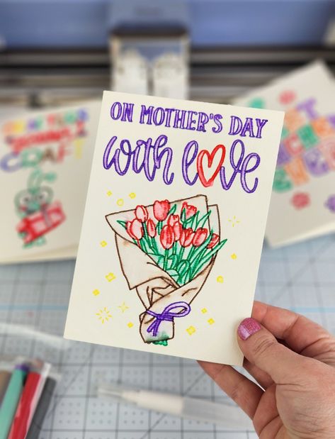 cricut watercolor mothers day card Watercolor Mothers Day Card, Cricut Watercolor, Watercolor Mothers Day, Cards With Cricut, Cricut Pens, Joy Christmas Card, Watercolor Markers, How To Use Cricut, Cards Watercolor