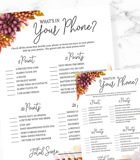 Whats On My Iphone, Bride Game, Menu Card Template, Game Hen, Hen Party Games, Wedding Shower Games, Fall Bridal Shower, Phone Games, Wedding Menu Cards