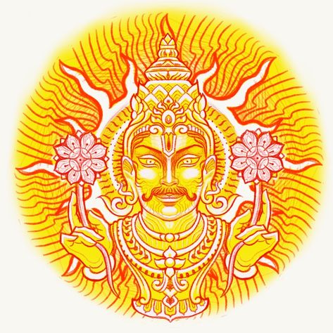 An illustration of Surya the Sun God from Hindu Mythology Surya Sun God, Sun Rangoli, Sun God Drawing, Surya Tattoo, Nav Grah, Sun God Tattoo, Sun God Art, Surya God, Figurative Sketches