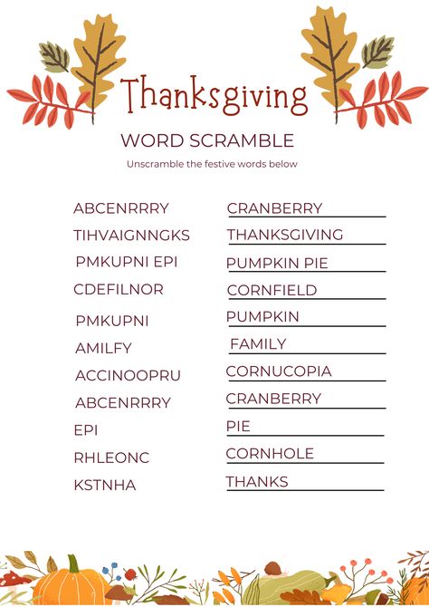 Thanksgiving Word Scramble Fun - Free Printable Puzzle — xoxoerinsmith.com Fall Word Scramble Free Printable, Thanksgiving Puzzles Free Printable, Thanksgiving Word Search Free Printable, Thanksgiving Worksheets For Kids, Thanksgiving Word Scramble, Activity For School, Thanksgiving Puzzle, Word Puzzles For Kids, Holiday Word