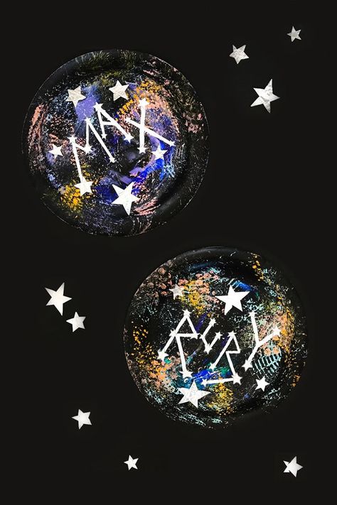 This constellation process art project uses everyday household items to create your kids' names in the stars! Constellation Craft, Outer Space Crafts, Space Art Projects, Space Crafts For Kids, Outer Space Art, Constellation Art, Space Activities, Black Holes, Stars Craft