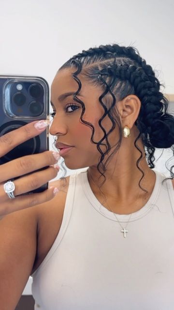 Dry Curls Hairstyles For Black Women, Two Braids Bun Hairstyle, Feedin Goddess Braids, Braid Front Hairstyles, Summer Cornrows For Black Women, Four Braids With Curls, Hairstyles For Black Women Box Braids, Braided Bun Styles For Black Women, Thick Feed In Braids