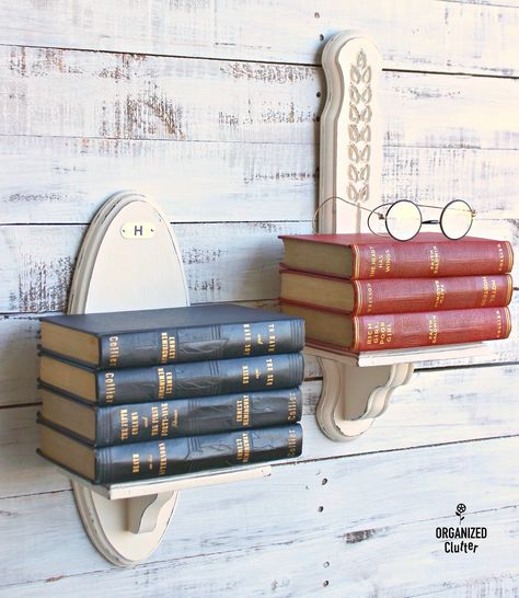 Candle sconce wall book shelves by Organized Clutter, featured on Funky Junk Interiors Wall Book Shelves, Repurposed Candle Holders, Farmhouse Thrift Store Makeovers, Frame Jewelry Organizer, Thrift Shop Finds, Shop Stool, Garage Sale Finds, Doors Repurposed, Clutter Organization