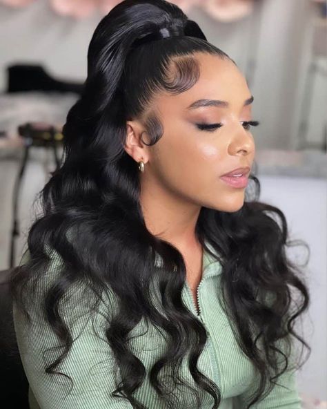 30 Stunning Half Up Half Down Hairstyles For Black Women How To Do A High Half Ponytail, Half Up Half Down Wedding Hair Black, Down Hairstyles For Black Women, Black Bridesmaids Hairstyles, Sleek Ponytail Hairstyles, Sew In Hairstyles, Half Up Half Down Hairstyles, Prom Hair Down, Wedding Hairstyles Half Up Half Down